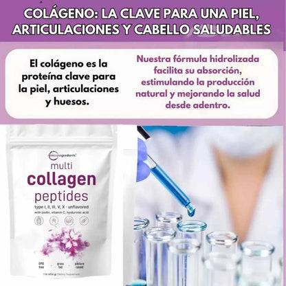 Colageno Peptidos para Dolores, Uñas, Piel y Cabello + Vitamina C + Acido Hialurico + Biotina x 1 Libra
