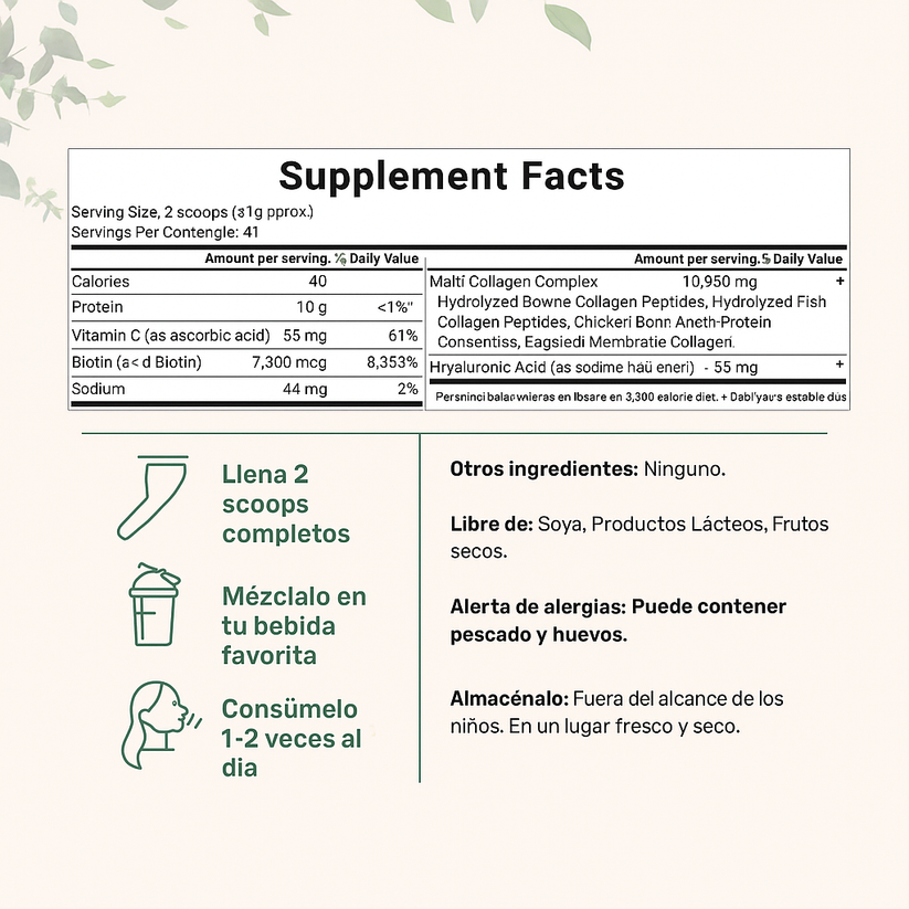Colageno Peptidos para Dolores, Uñas, Piel y Cabello + Vitamina C + Acido Hialurico + Biotina x 1 Libra