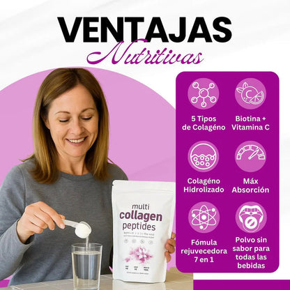 Colageno Peptidos para Dolores, Uñas, Piel y Cabello + Vitamina C + Acido Hialurico + Biotina x 1 Libra